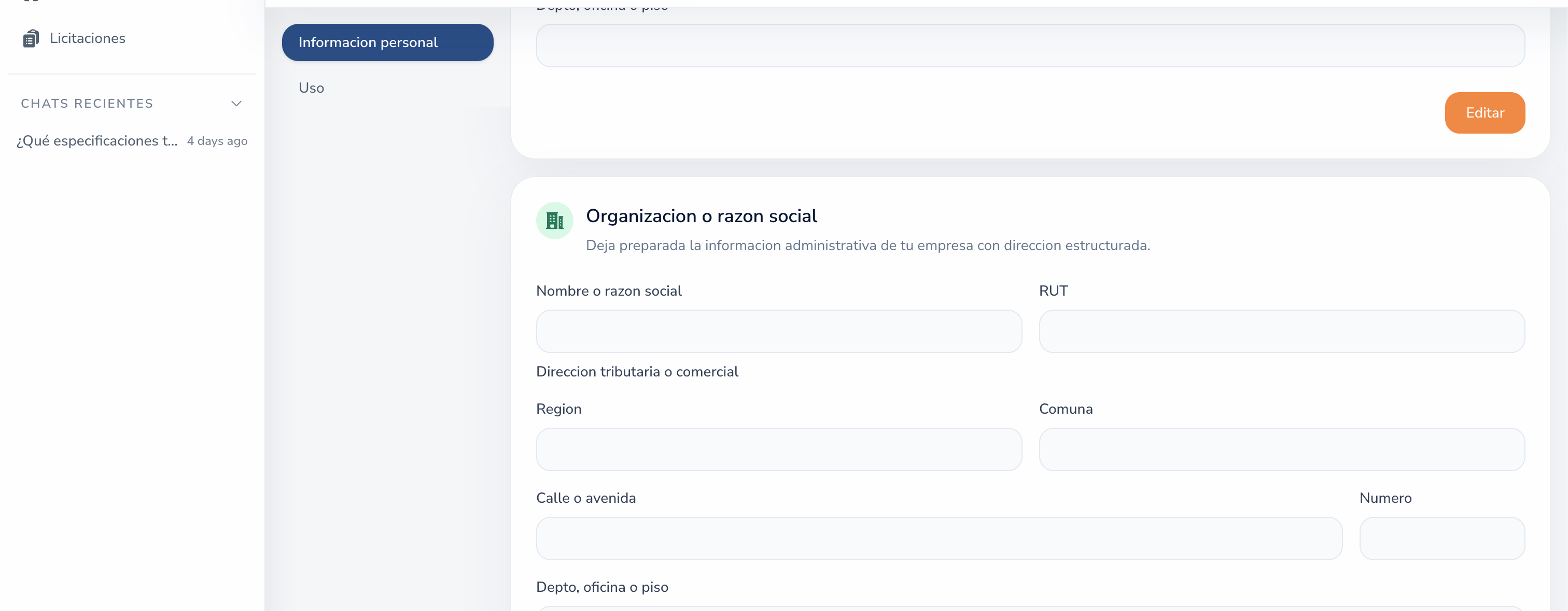 Formulario de organización o razón social